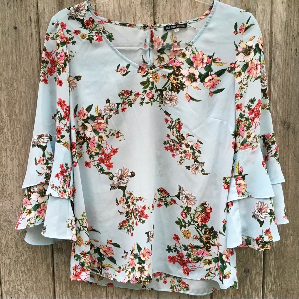 Jessica Rose Floral 3/4 Ruffle Sleeve Top Small - Picture 5 of 8